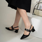 New Idifu Women 9 Black Faux Leather 2.75" Block Heel Pointy Toe Buckle Shoes