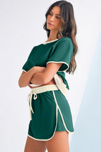 Black Colorblock Edge Drop Shoulder T Shirt and Skort 2Pcs Set