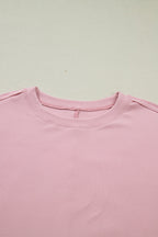 Light Pink Solid Color Bow Textured Patchwork Long Sleeve Tee