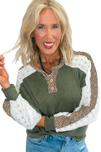 Vineyard Green Texture Patchwork Lace Sleeve Leopard Henley Top