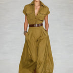 Women's Short-Sleeve Shirt Maxi Dress With Pockets – A-Line Stand Collar