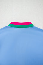 Sky Blue Puff Sleeve Pop of Color Neckline Blouse