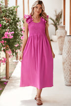 Rose Red Crinkled Ruffle Strap Smocked Midi Dress