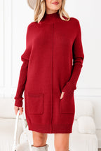 Chestnut Ribbed High Neck Front Pockets Center Seam Shift Sweater Dress