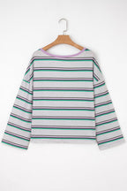 Purple Stripe Oversize Drop Shoulder Long Sleeve Casual Top