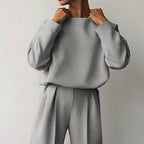Women’s Solid Color 2-Piece Set – Long Sleeve Top & Pleated Pants Loungewear
