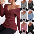 Women's Off-Shoulder Crossover Knit Sweater – Slim Fit Long Sleeve