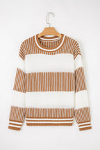 Khaki Two Tone Striped Patchwork Drop Shoulder Loose Sweater