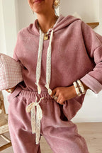 Smoke Gray Drawstring Pullover Hoodie and High Waist Pants Corduroy Suit