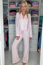 Sky Blue Bow Print Long Sleeve Shirt and Pants Soft Pajama Set