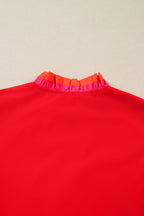 Fiery Red Striped Trim Ruffle Split Neck Long Sleeve Blouse