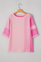 Pink Stripe Waffle Patchwork Loose T-Shirt