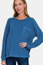 Zenana Full Size Contrast Stitching Brushed Ribbed Hacci Knit Top Plus Size