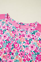 Pink Plus Size Floral Print Corded Patchwork Loose Top