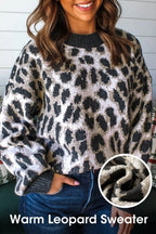 Carbon Grey Leopard Pattern Contrast Trim Round Neck Sweater
