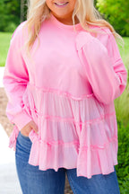 Navy Blue Frill Tiered Patchwork Ribbed Trim Flowy Plus Size Top