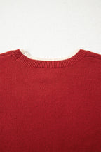 Racing Red Leopard Bow Decor Split Cuff Contrast Trim Sweater