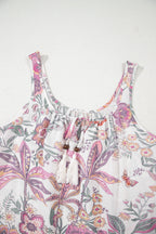 Multicolour Floral Print Fringed Tie U Neck Sleeveless Mini Dress