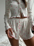 Floral Print Ribbed Knit Top and Shorts Lounge Set
