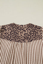 Brown Stripe Leopard Trim V Neck Button Down Half Sleeve Shirt