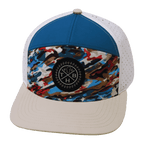 **ADULT** Color Vibes Hat - Flat Bill - Party Camo - Cream / Blue / White - Laser Mesh