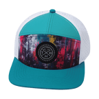 **ADULT** Color Vibes Hat - Flat Bill - Street Art - Neon Blue / Neon Green Blue / White - Laser Mesh
