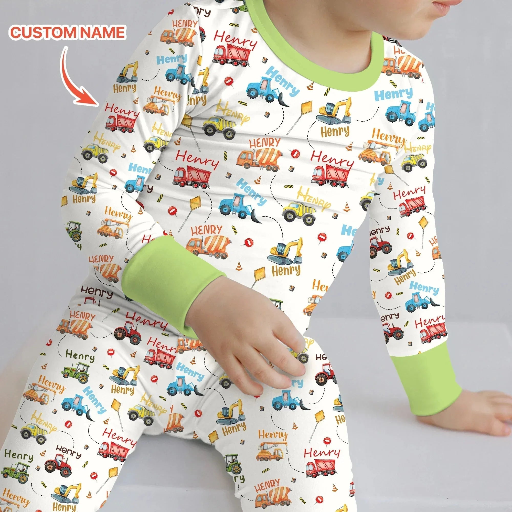 Construction Vehicles Custom Name Bamboo Two Piece Long Sleeve Pajama Set
