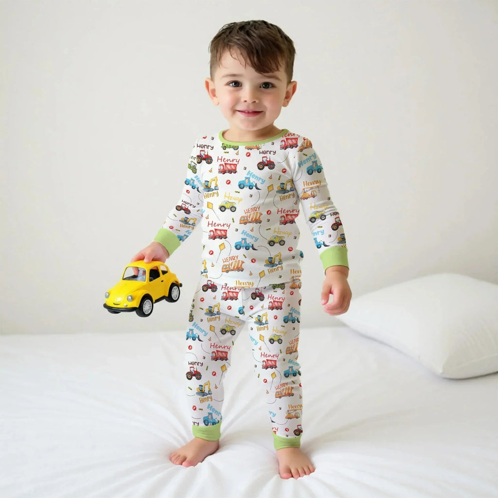 Construction Vehicles Custom Name Bamboo Two Piece Long Sleeve Pajama Set