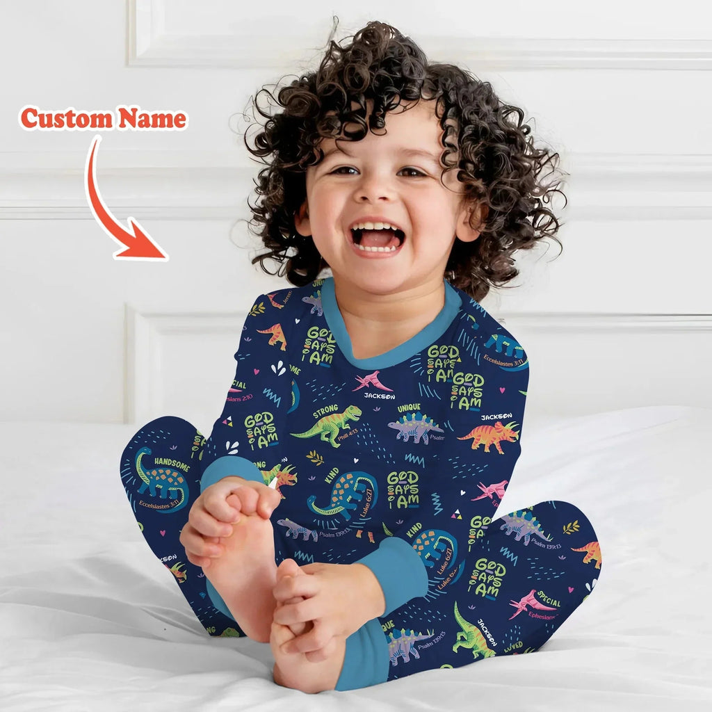 Custom Name God says I am Dinosaur Bamboo Two Piece Long Sleeve Pajama Set