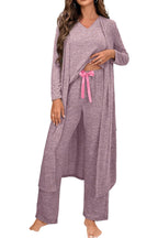 Delicacy 3pcs V Neck T Shirt Ribbon Knot Pants Open Duster 3pcs Lounge Set
