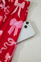 Red Sweet Bow Print Ruffled Short Sleeve Shirt Shorts 2pcs Pajama Set