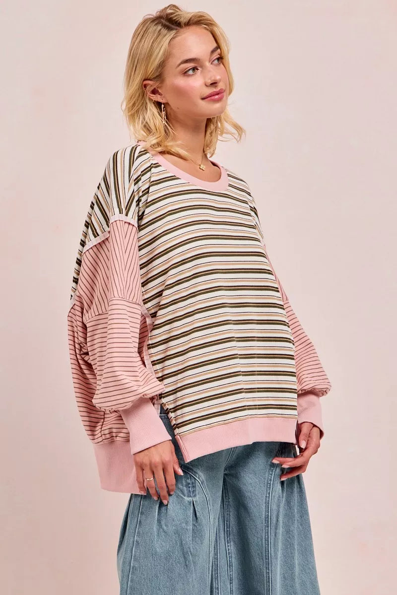 BiBi Stripe Mixed Top With Cut Edge And Reverse Outseam
