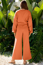 Mist Blue Drop Shoulder Puff Sleeve Crop Pullover Drawstring Wide Leg Pants Set