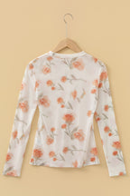 Casual Round Neck Floral Print Mesh Long Sleeve Top