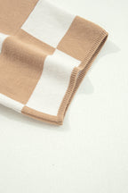 Light French Beige Checkered Pattern Loose Drop Shoulder Half Sleeve Sweater