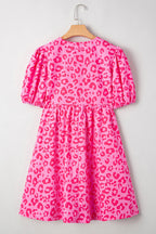 Rose Leopard Puff Sleeve Tie Front High Waist Mini Dress