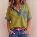Women's Casual Loose-Fit Color-Block Patchwork Short-Sleeve Top