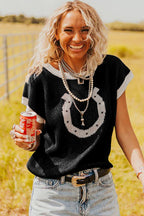 Black Horse Shoe Pattern Contrast Trim Short Sleeve Sweater