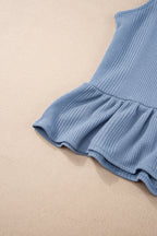 Duffel Green Solid Color Ribbed Ruffle Tank Top and Pants Set