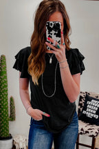 Black Layered Ruffle Short Sleeve Round Neck Top