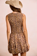 BiBi Leopard Bow Tie Attachable Puff Sleeves Dress