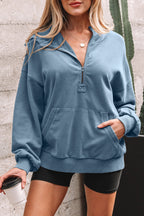 Black Half Zip Kangaroo Pocket Mineral Wash Baggy Hoodie