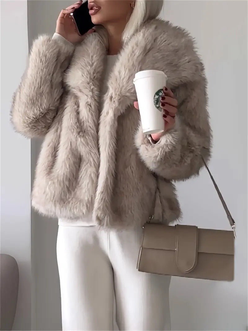 Gradient Dyed Pointed Lapel Long Sleeve Artificial Fur Coat