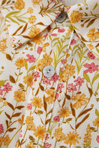 Yellow Floral Print Frilly Trim Smocked Cuff Long Sleeve Loose Shirt Dress