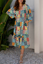 Sky Blue Mix Floral Checkered Pattern Bubble Sleeve Ruffle Hem Dress