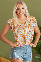 Green Floral Print Ruffled Sleeveless V Neck Tank Top