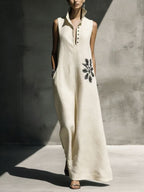 Women's Cotton Linen Mandarin Collar Maxi Dress – Graphic Print with Pockets