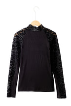 Smoke Gray Floral Lace Patchwork Long Sleeve High Neck Slim Top