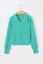 Smoke Green Quarter Zip Stand Neck Kangaroo Pocket Sweatshirt