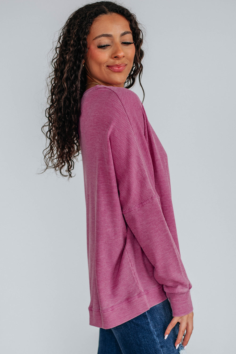 Dark Grey Waffle Knit Patchwork Long Sleeve Loose Top